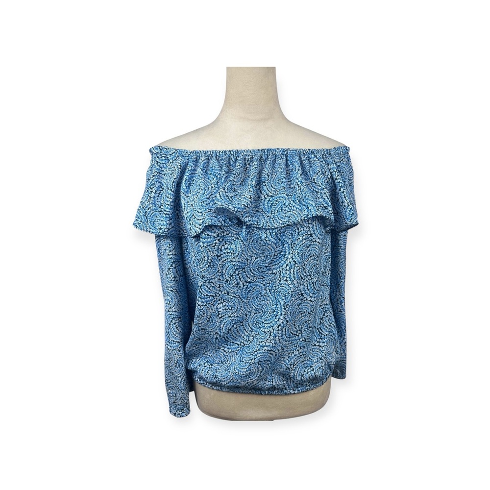Michael Kors blue print off the shoulder top with ruffle size small